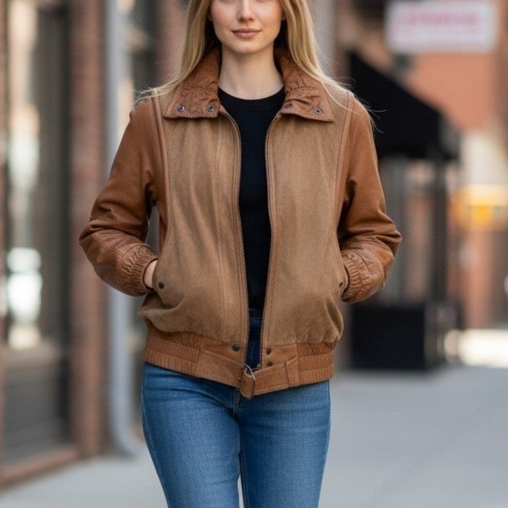 Gino di Giorgio Vintage Tan Leather Suede Bomber Jacket Womens S Zip Collared